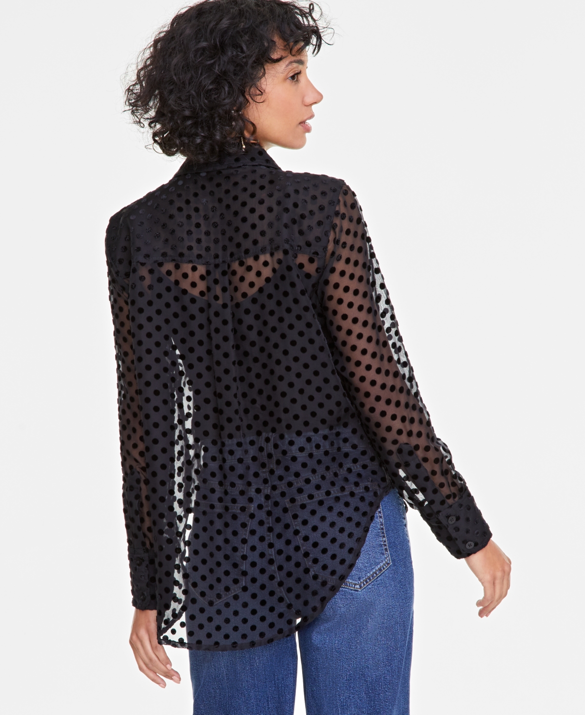 On 34th Women's Chiffon Flocked Polka-dot Shirt, Created For Macy's In Deep Black