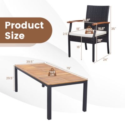 9 PCS Patio Rattan Dining Set with Acacia Wood Table, Cushions, 1.9" Umbrella Hole