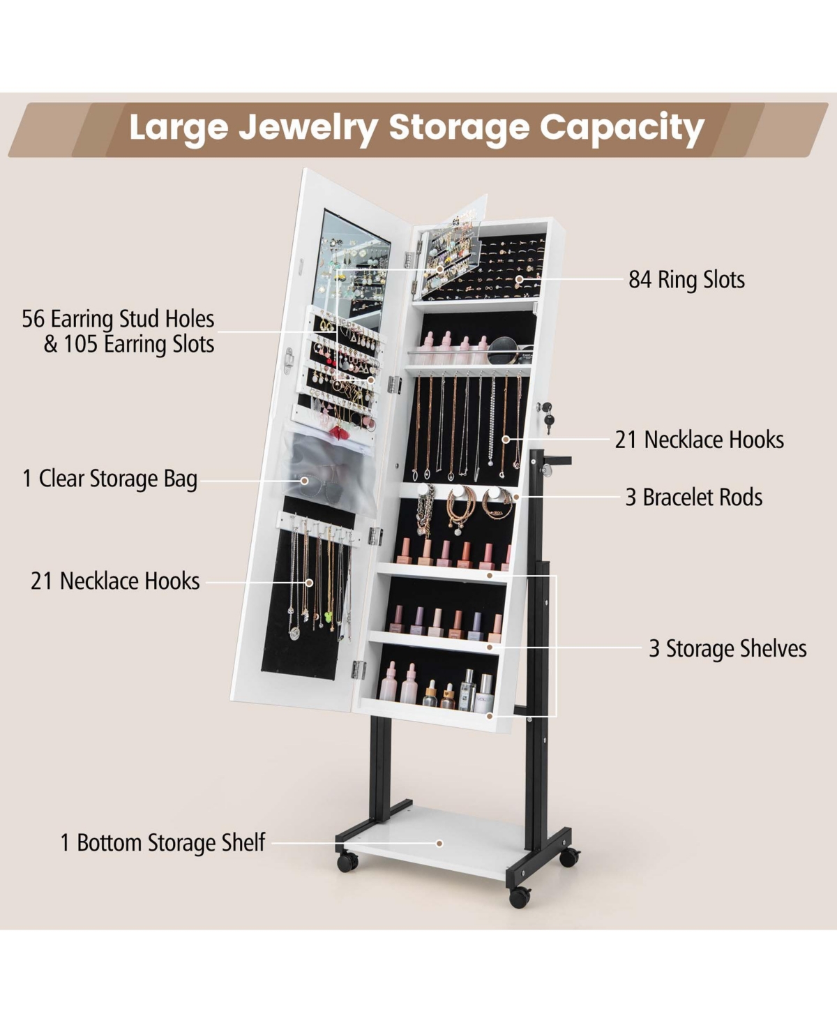 Costway 3-Color 46 Led Lights Mirror Jewelry Cabinet Armoire Adjustable Height with Wheels