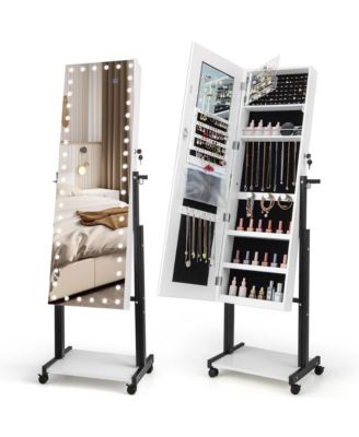 3-Color 46 LED Lights Mirror Jewelry Cabinet Armoire Adjustable Height with Wheels