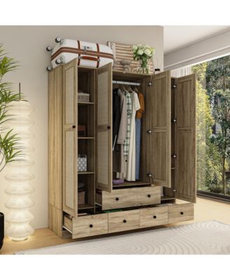 1 PC Wood Grain Rattan Doors Design Wardrobe with 5-Drawers Armoires