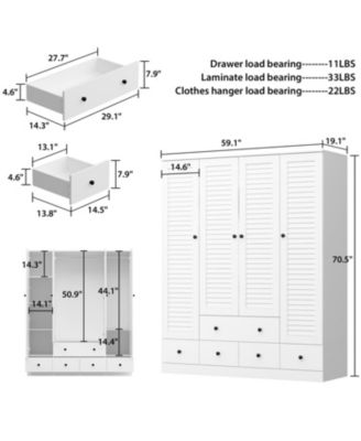  Wood   4 Shutter Doors   Drawers & Hanging Rod  Freestanding Bedroom Armoire