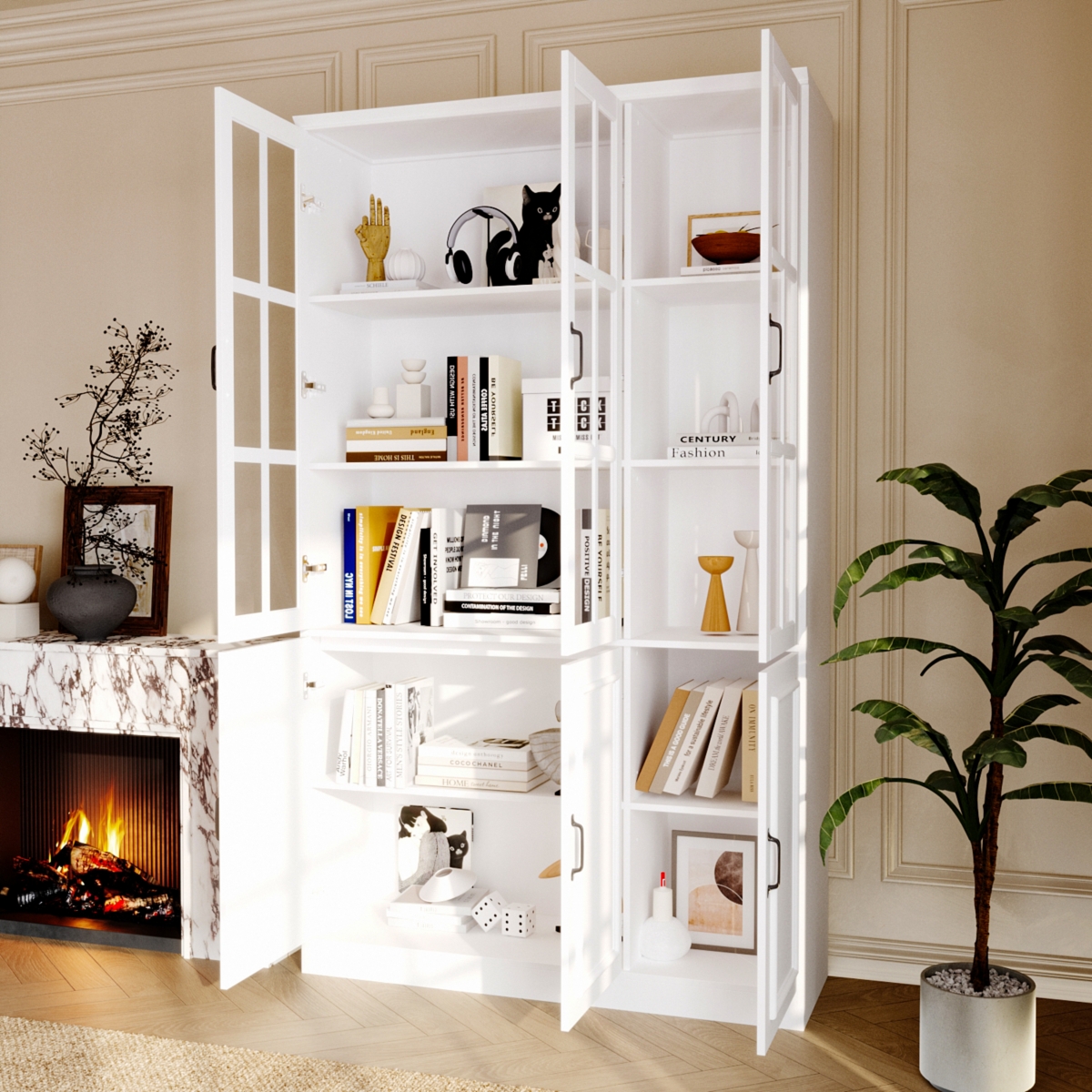 Homsee White Wooden Storage Cabinet Sideboard with 4 Drawers and 3-Tier of Shelf