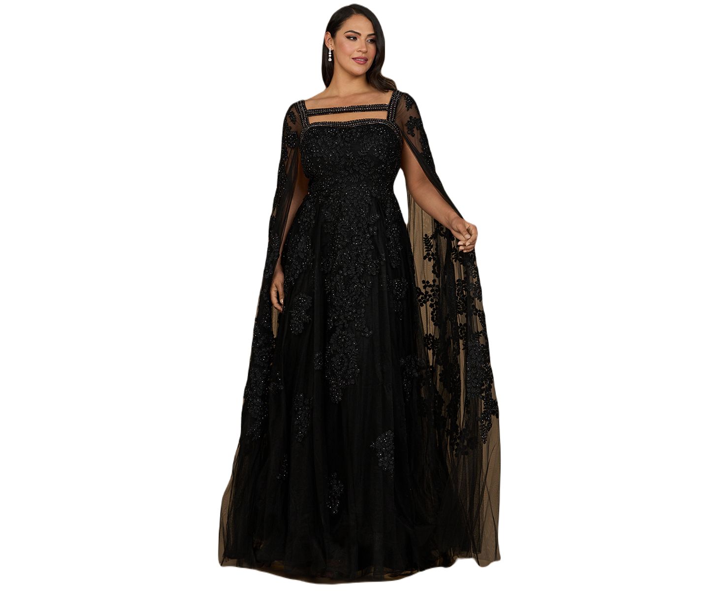 Женские платья Lara Embroidered gown with long cape sleeves, цвет: Чёрный — фото 1