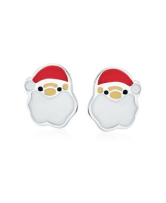 Small Holiday Winter White Red Enamel Christmas Cartoon Jolly Santa Claus Stud Earrings .925 Sterling Silver