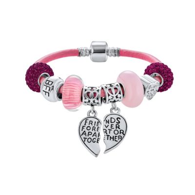 2 Piece Bead Best Friend Sorority Sister Bff Split Heart Theme Multi Charm Bracelet Pink Leather For Women .925 Sterling Silver European