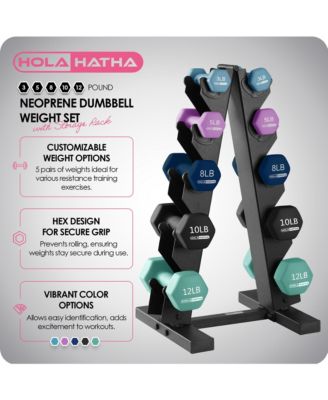 3, 5, 8, 10 & 12 Pound Neoprene Dumbbell Weight Set with Storage Rack