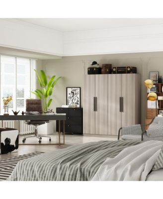 Grey Wood 4-Door Wardrobe Armoires with Hanging Rod and Storage Shelves