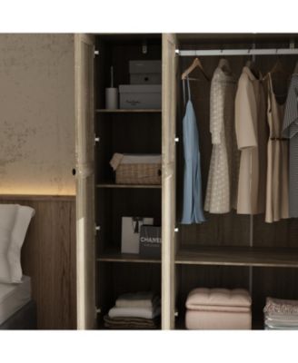 Brown Rattan Doors Wardrobe with 3-Drawers,Hanging Rod,Top Cabinet