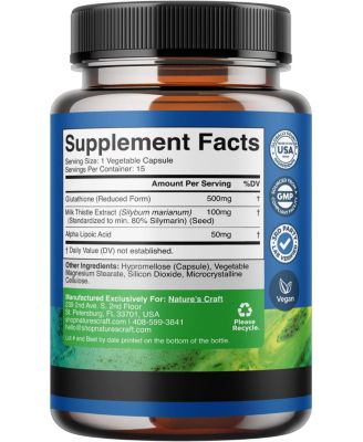 Glutathione Capsules, Natural Skin Whitening Anti-Aging Benefits Reduced L-Glutathione Pills for Men & Women, Pure Antioxidant, Nature's Craft, 15ct