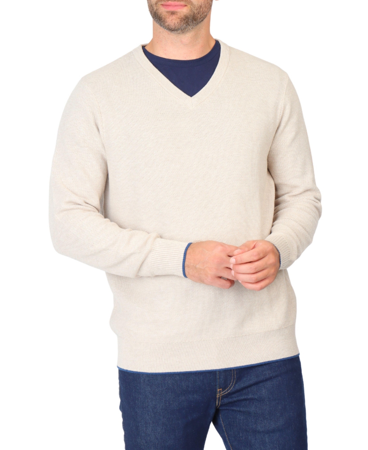 Men's Textured Waffle V-Neck Sweater - Oatmeal
