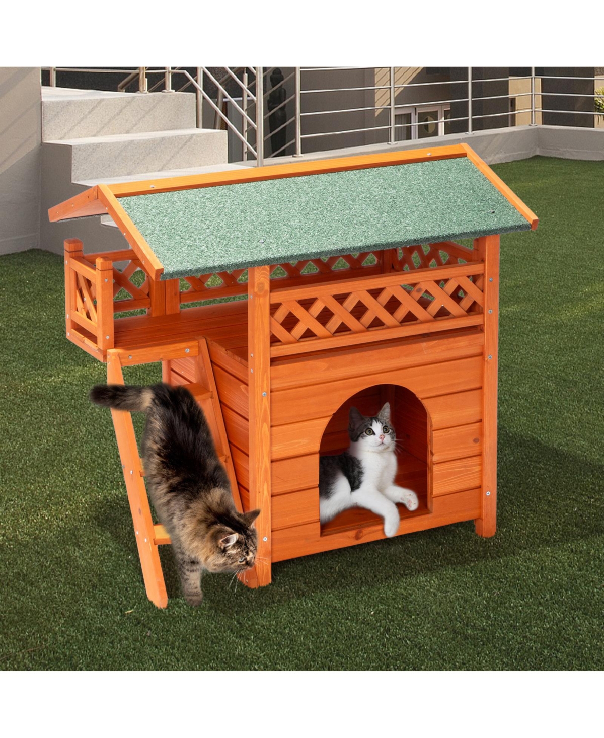 Slickblue 2-Story Wooden Feral Cat House – Outdoor/Indoor Kitty Shelter with Door, Stairs, and Weatherproof Roof,& Green - Orange