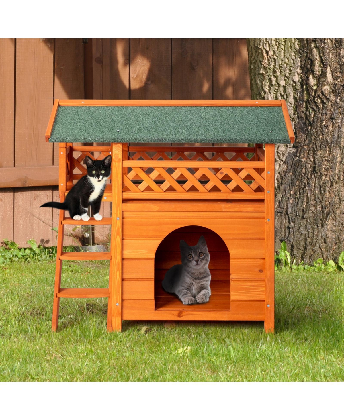 Slickblue 2-Story Wooden Feral Cat House – Outdoor/Indoor Kitty Shelter with Door, Stairs, and Weatherproof Roof,& Green - Orange
