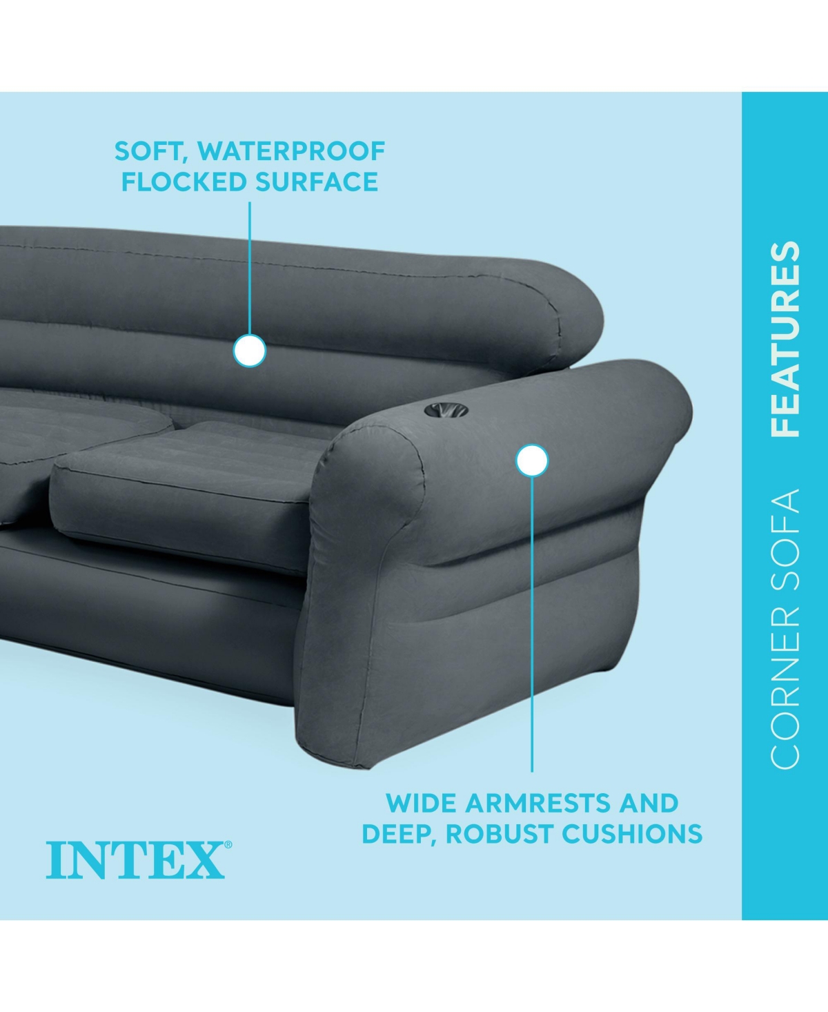 Intex Corner Sofa L-Shaped Inflatable Lounge Couch w/ Cupholders,(4 Pack) - Gray