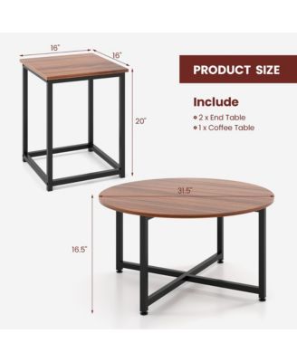 Round Nesting Table Set of 3 Modern/Farmhouse Coffee Table w/2 End Tables Walnut & Black