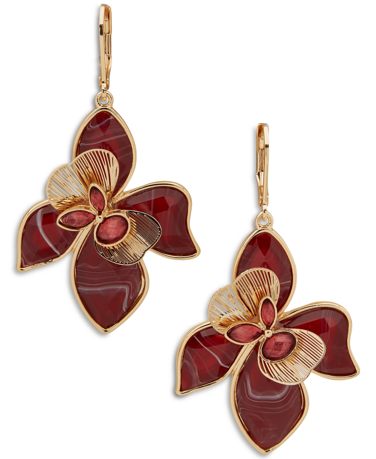 Lonna & Lilly Gold-tone Color Crystal & Stone Flower Drop Earrings In Burg