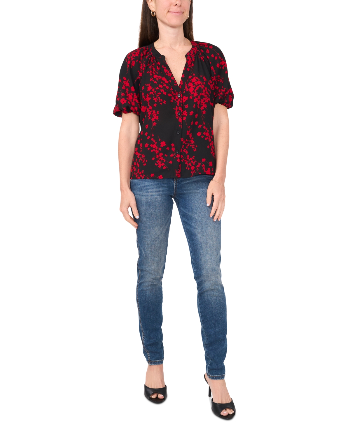 Sam & Jess Petite Puff-Sleeve V-Neck Blouse -Red