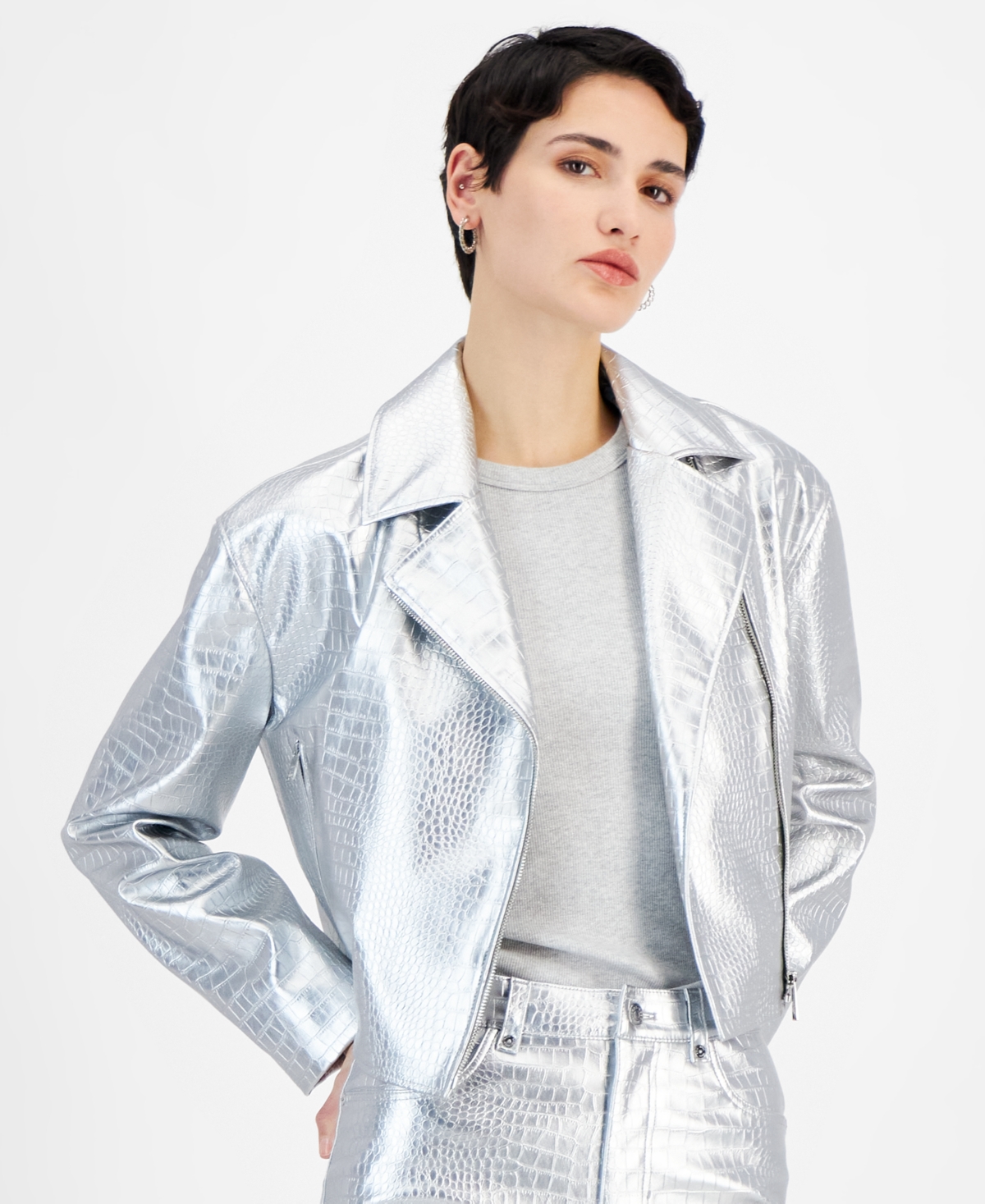Women's Metallic Croc-Embossed Moto Jacket - Silver