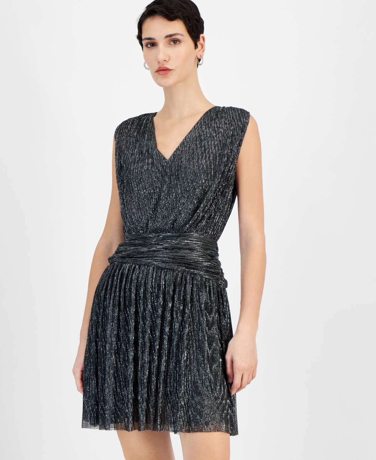 HUGO BOSS WOMEN'S METALLIC PLEATED V-NECK MINI DRESS 
