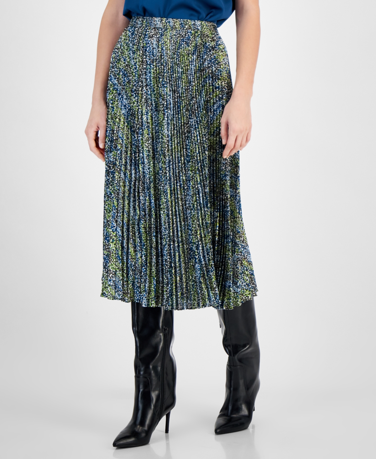 Women's Printed Pleated A-Line Pull-On Skirt - Deep Sea