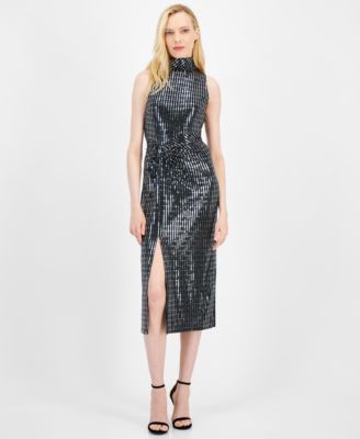 Anne Klein - Women's Sequined Mock-Neck Midi Dress