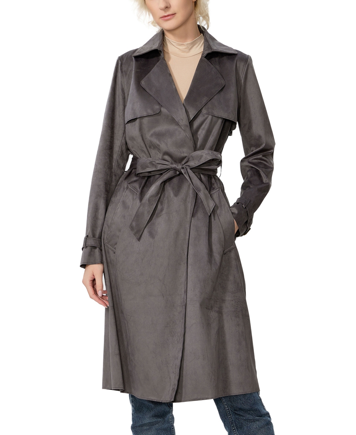 Kimi & Kai Aria Long Faux Suede Trench Coat In Brown