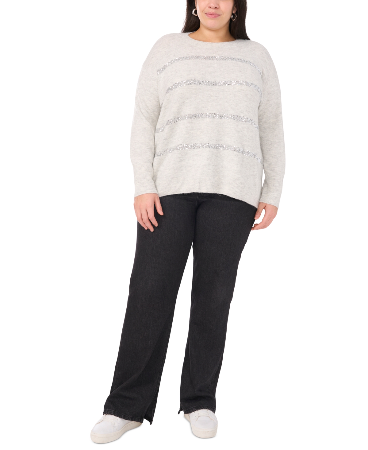 VINCE CAMUTO PLUS SIZE CREWNECK SEQUIN STRIPE LONG SLEEVE SWEATER 