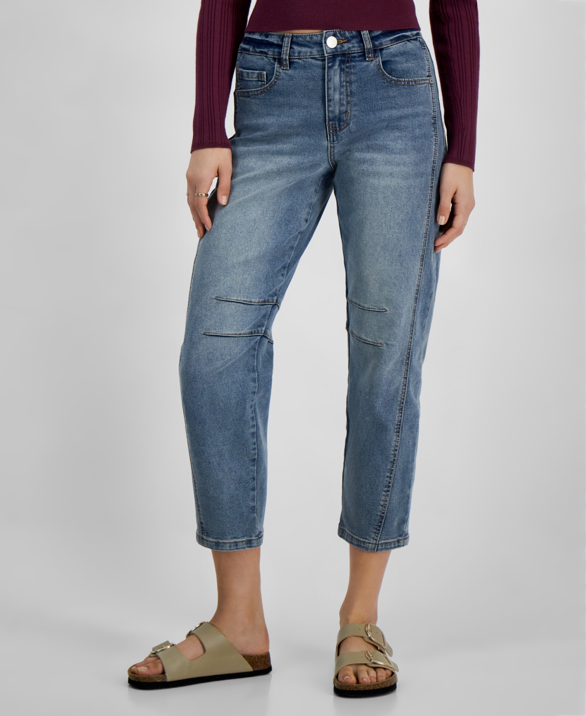 Dollhouse Juniors' High-Rise Barrel-Leg Crop Jeans