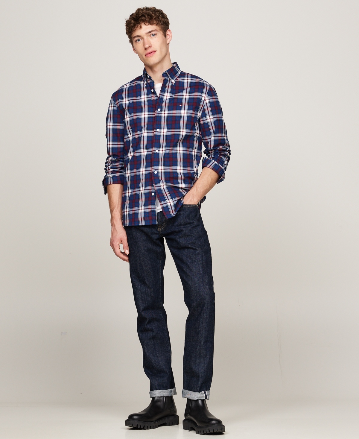 Tommy Hilfiger Men's Flex Poplin Tartan Regular-fit Long-sleeve Shirt In Deep Indigo,rouge Check