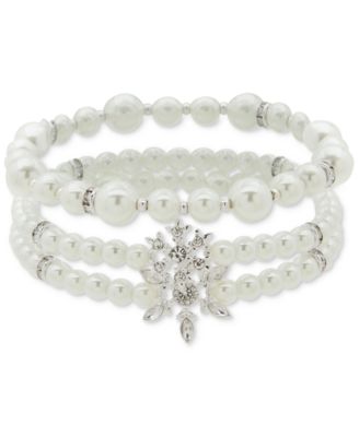 Anne Klein - Silver-Tone 3-Pc. Set Crystal Snowflake & Imitation Pearl Stretch Bracelets
