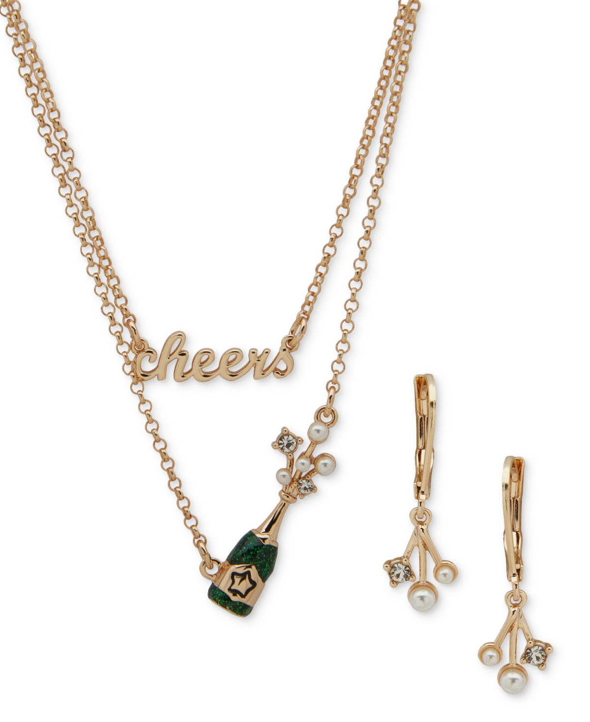 Anne Klein Gold-tone Mixed Stone Cheers-motif Layered Pendant Necklace & Drop Earrings Set In Multi