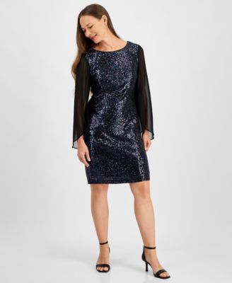 Connected - Petite Sequinned Sheer-Sleeve Sheath Dress