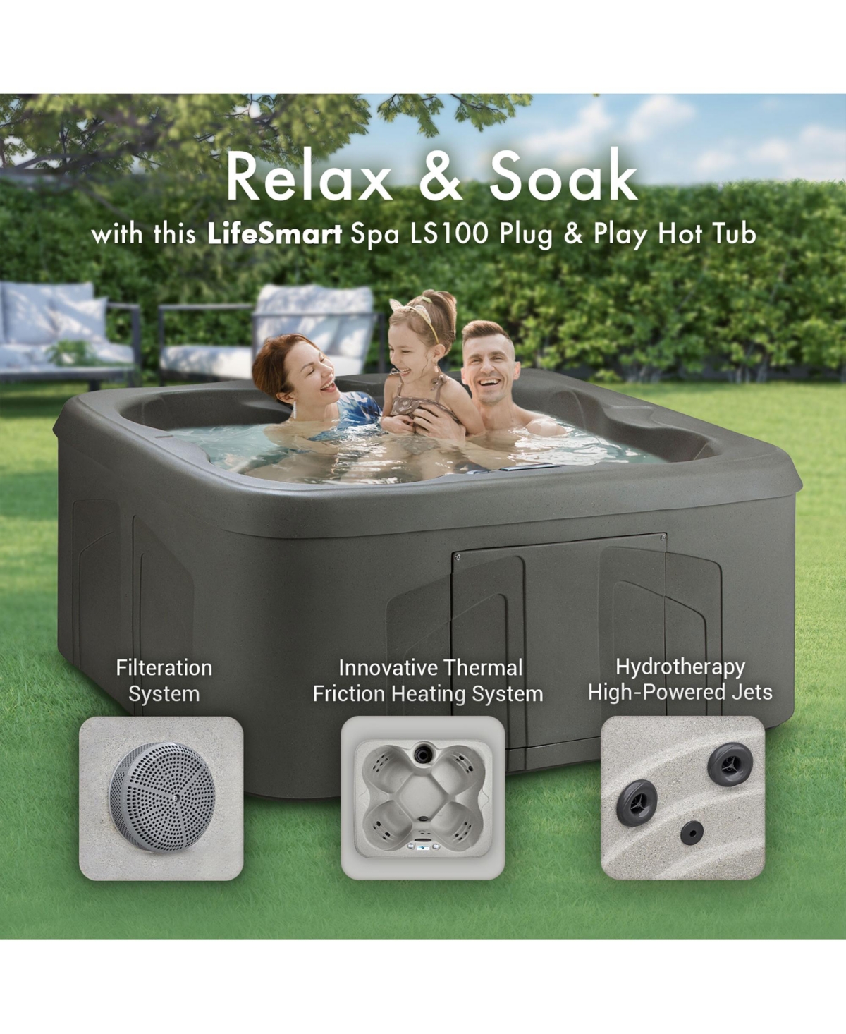 LifeSmart LS100 Taupe 4 Person Plug and Play Square Hot Tub Spa withCover - Black