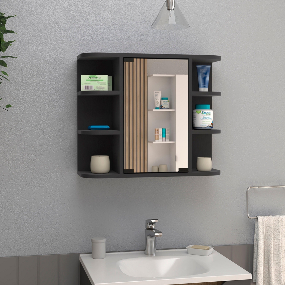 Roma Mirrored Medicine Cabinet, Six External Shelves, Three Interior Shelves, Black - Black