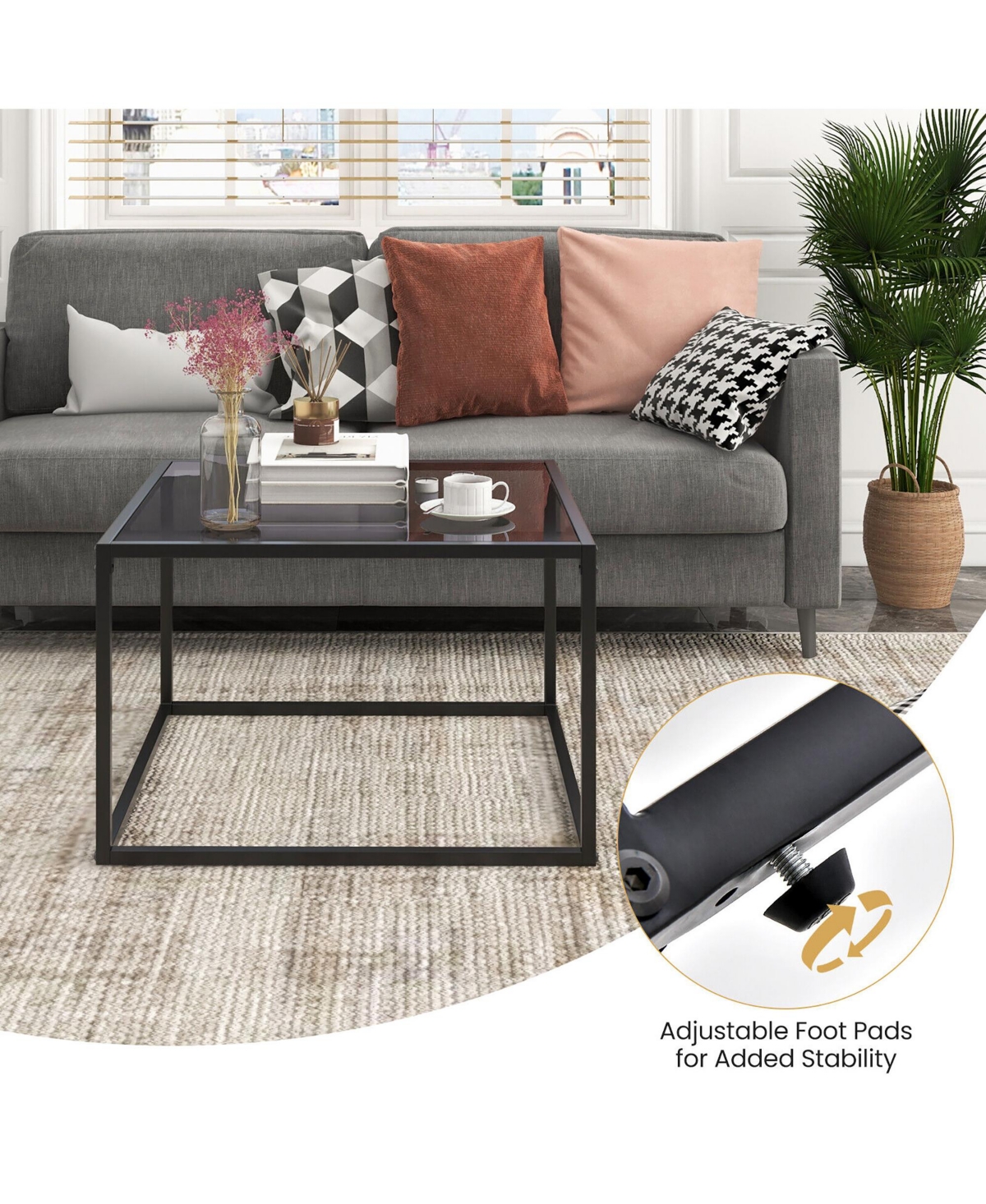 Gymax Glass Coffee Table Modern Square Metal Frame Living Room- Transparent+grey