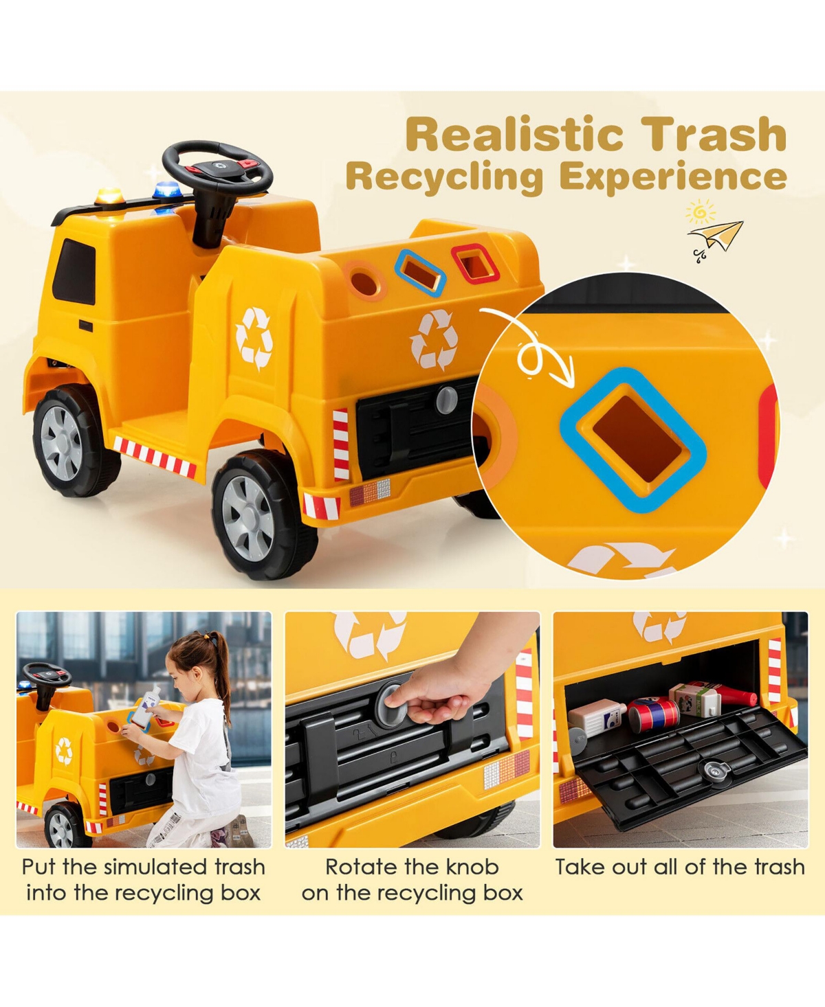 Gymax 12V Recycling Garbage Truck Electric Ride On Toy Remote w/Recycling Accessories Yellow - Yellow+black