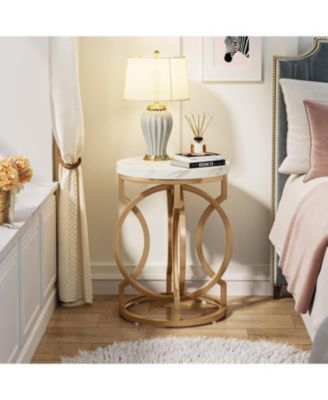 Set of 2 Round End Tables with Thick Wood Top, 20" Midcentury Accent Side Tables with Unique O-Shaped Base for Living Room