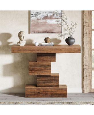 Farmhouse Console Table, 42.5-Inch Narrow Wood Sofa Table Behind Couch with Geometric Base, Industrial Entryway Accent Table