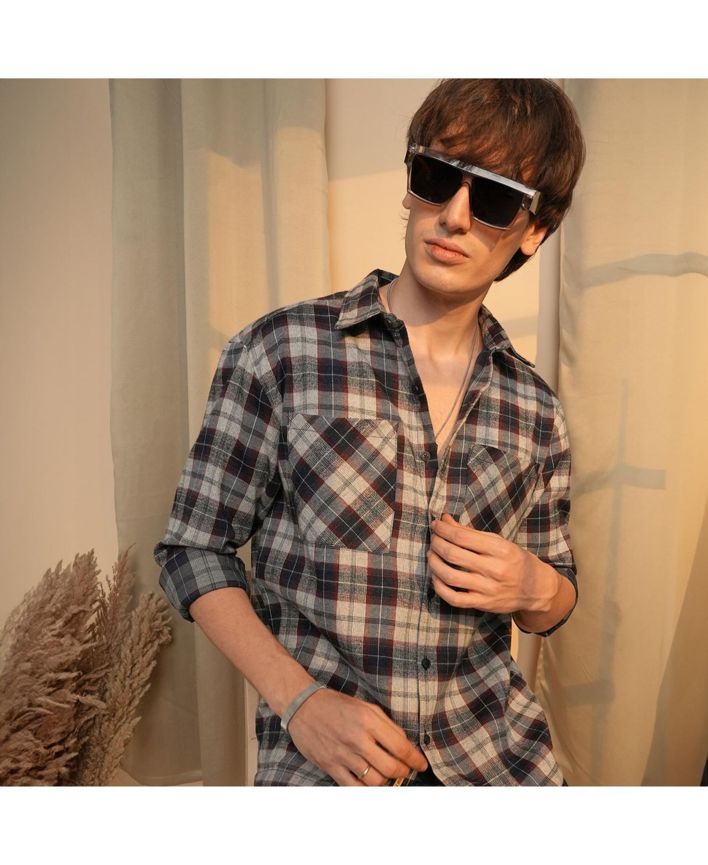 Мужская рубашка Cahoot Campus Sutra Navy Blue & Cloud Grey Tartan Plaid, цвет: Белый — фото 3
