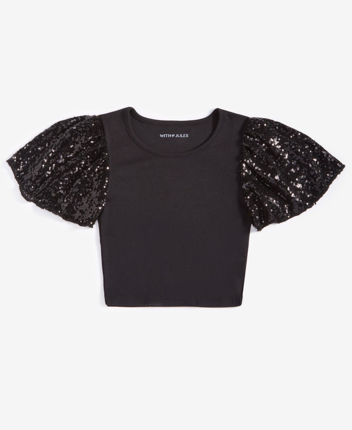 With Jules Big Girls Ribbed Sequin Flutter-sleeve Top In Black