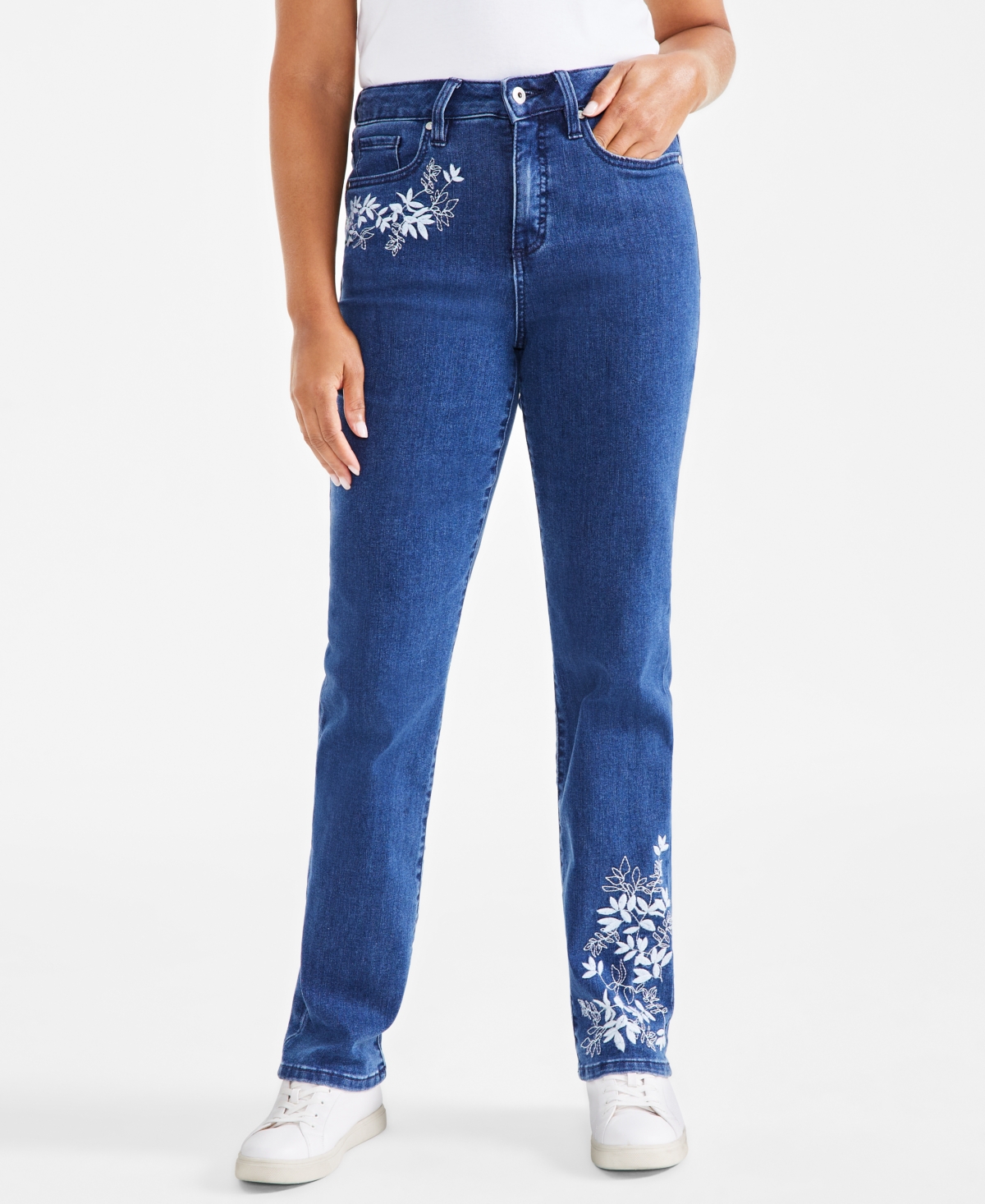 Style & Co Women's High-Rise Straight-Leg Floral-Embroidered Jeans, Exclusively at Macy's