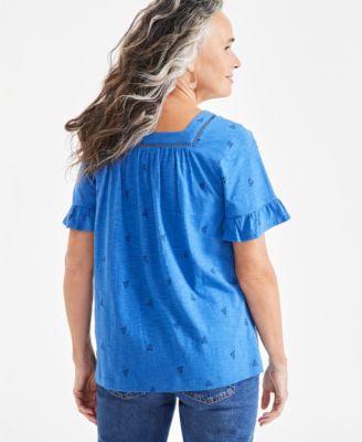 Women's Printed Square-Neck Ruffle-Sleeve Top, Created for Macy's