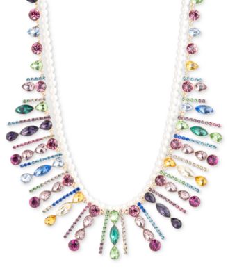Gold-Plated Multicolor Crystal & Imitation Pearl Statement Necklace, 16" + 3" extender