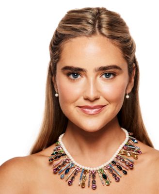 Gold-Plated Multicolor Crystal & Imitation Pearl Statement Necklace, 16" + 3" extender