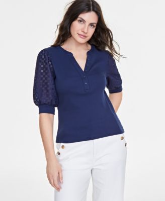 On 34th - Women's Eyelet-Sleeve Henley T-Shirt