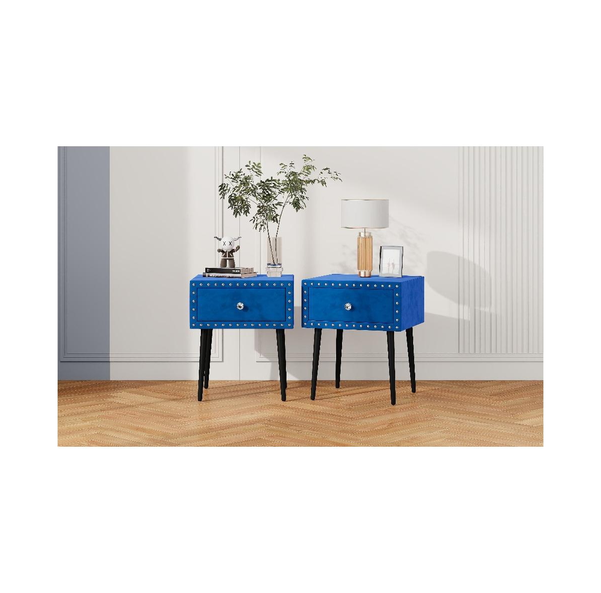 Slickblue Modern Nightstands Set of 2 with Drawer and Crystal Handle, Elegant Rivet Velvet Design Bedside Table for Bedroom,- Blue