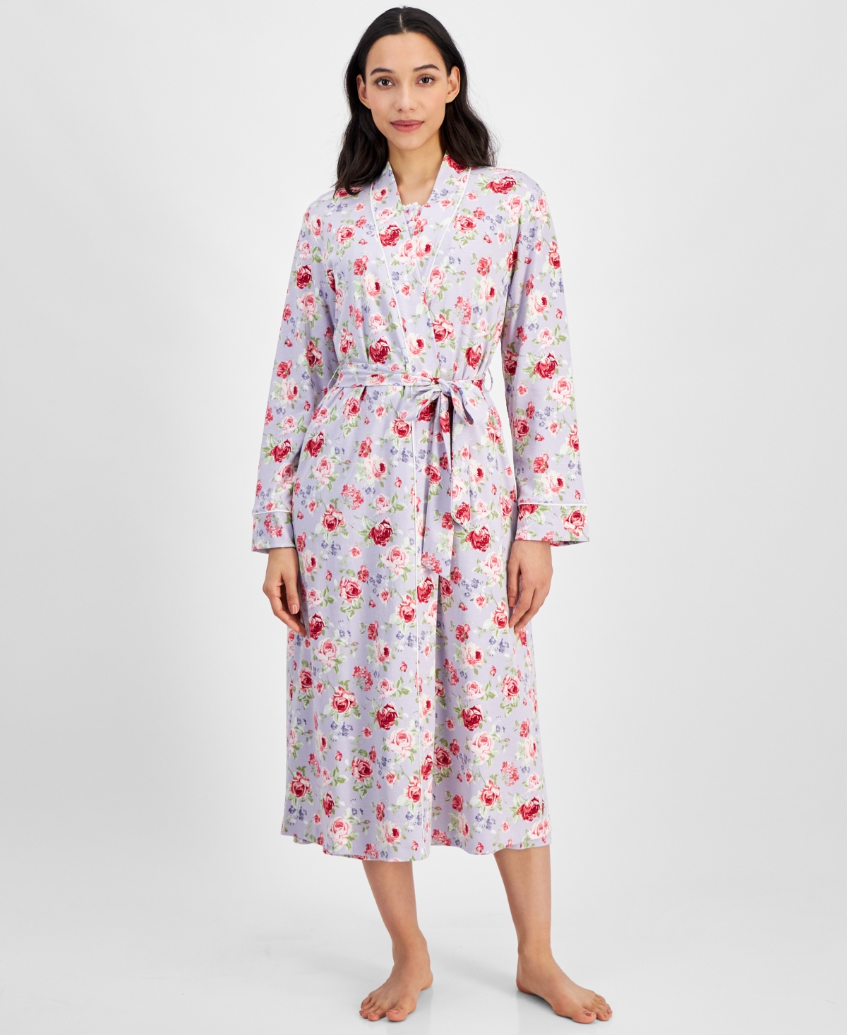 CHARTER CLUB WOMEN'S COTTON FLORAL LONG ROBE, CREATED FOR MACY'S 