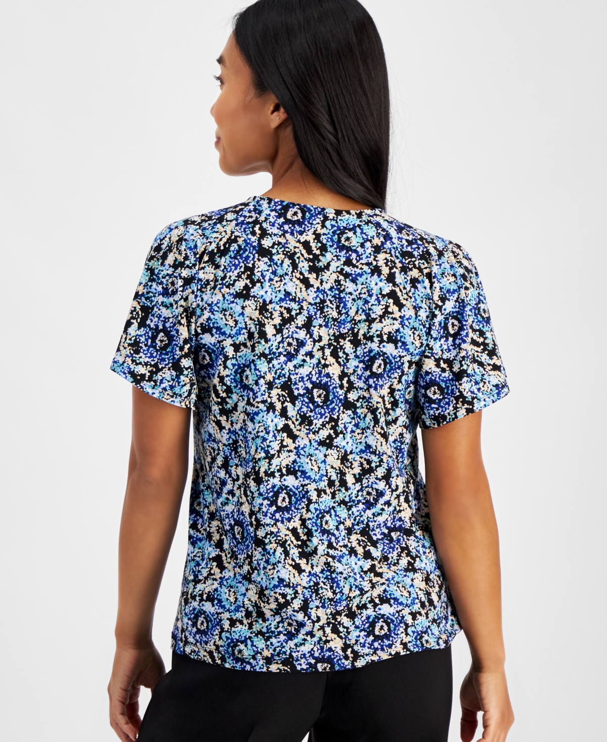 Ak Anne Klein Petite Floral-Print Raglan-Sleeve Top
