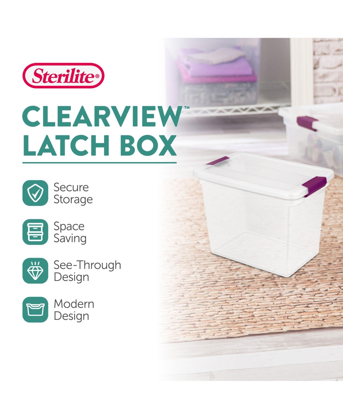 Sterilite 27 QtView Latch Storage Stackable Bin with Latching Lid, 12 Pack