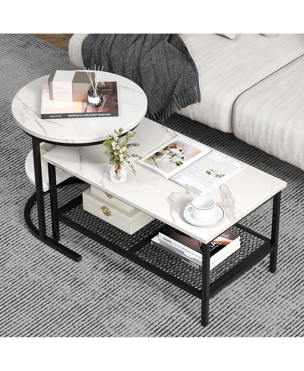 Gymax Nesting Coffee Table Set of 2 Faux Marble Top Detachable w/ Storage Shelf Gold - Black+white